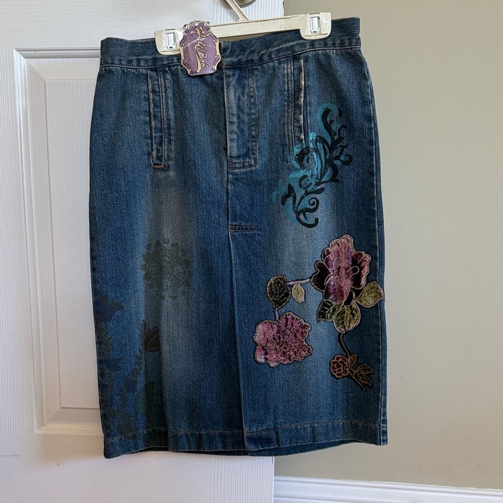 Hale Bob Blue Floral Embroidered denim skirt. Velvet and bead detail. NWT